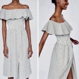 Zara Gray & White Cotton Seersucker Off Shoulder Dress